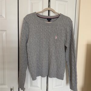 Womens Crew Neck Gray Cable Knit Sweater with Pink Embroider US Polo assn.